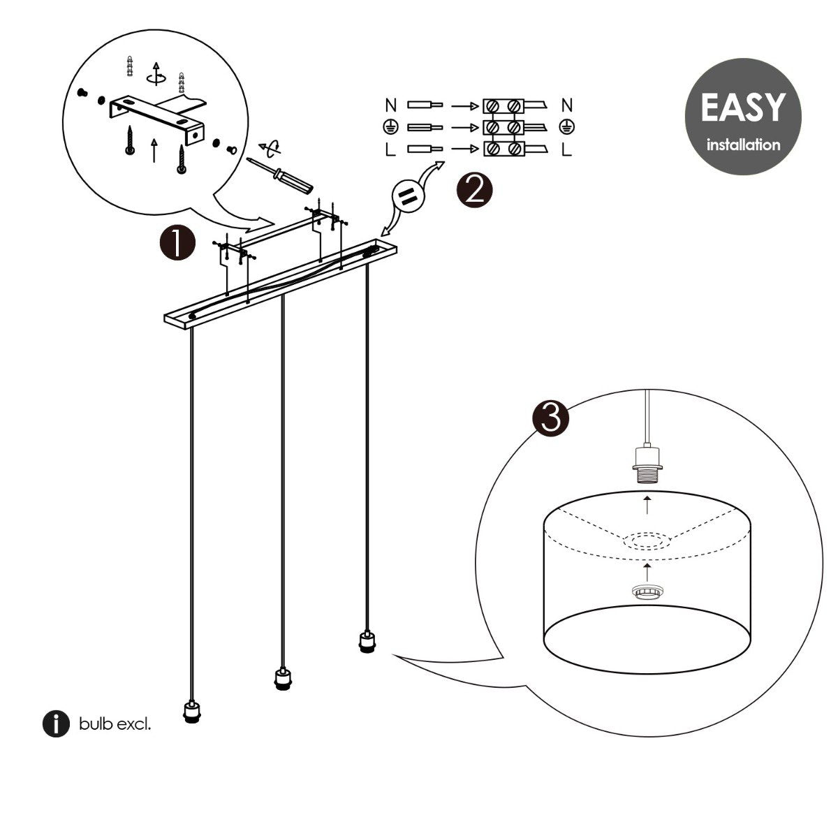 Hängelampe Beam 3L, E27, schwarzer Lampenschirm, 30cm