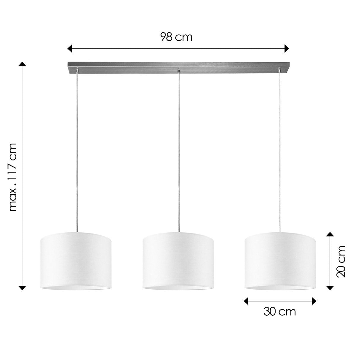 Hängelampe Beam 3L, E27, weißer Lampenschirm, 30 cm