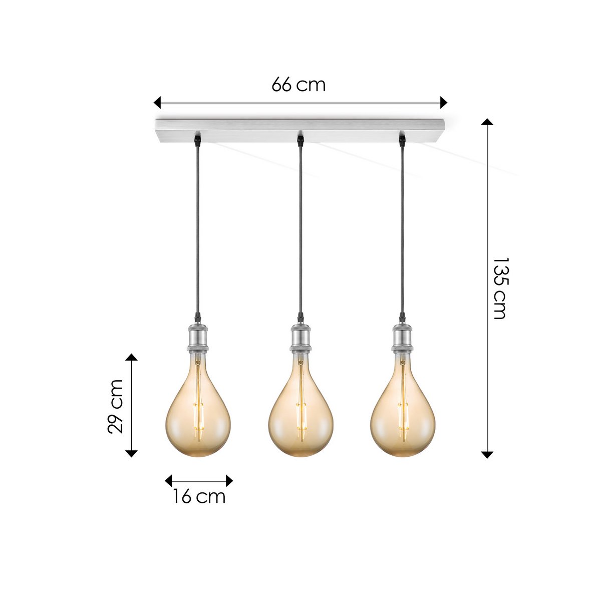 Hängelampe Chrom Vintage Pear 3L G160 dimmbar E27 Bernstein