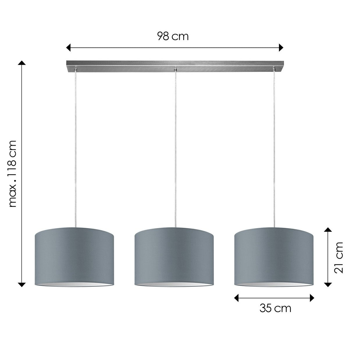 Hängelampe Beam 3L, E27, grauer Lampenschirm, 35 cm