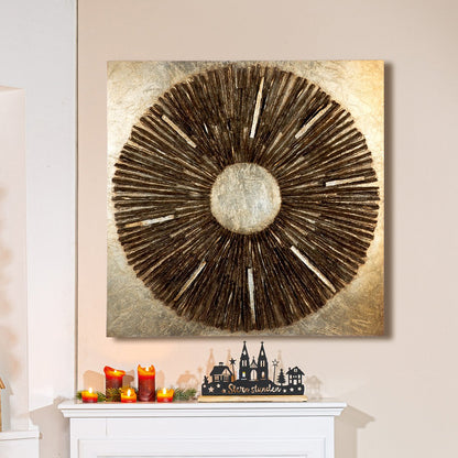 3D-Wandbild „Altinoh“ – Quadratisches Wanddeko-Objekt aus Holz & Kunstharz, 80 × 80 cm, champagner- & goldfarben