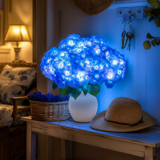 Azurblaue Blüten Lampe | LED Hortensie Deko Tischleuchte 0