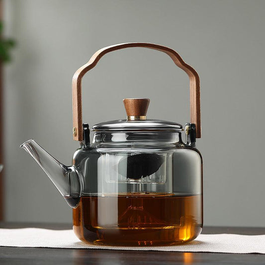 Grijzen Teekanne | Holz-Glas Teebereiter 1L für Teeliebhaber 0