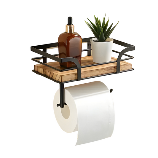 Holz-Wandregal mit Papierhalter | Badezimmer Organizer 0