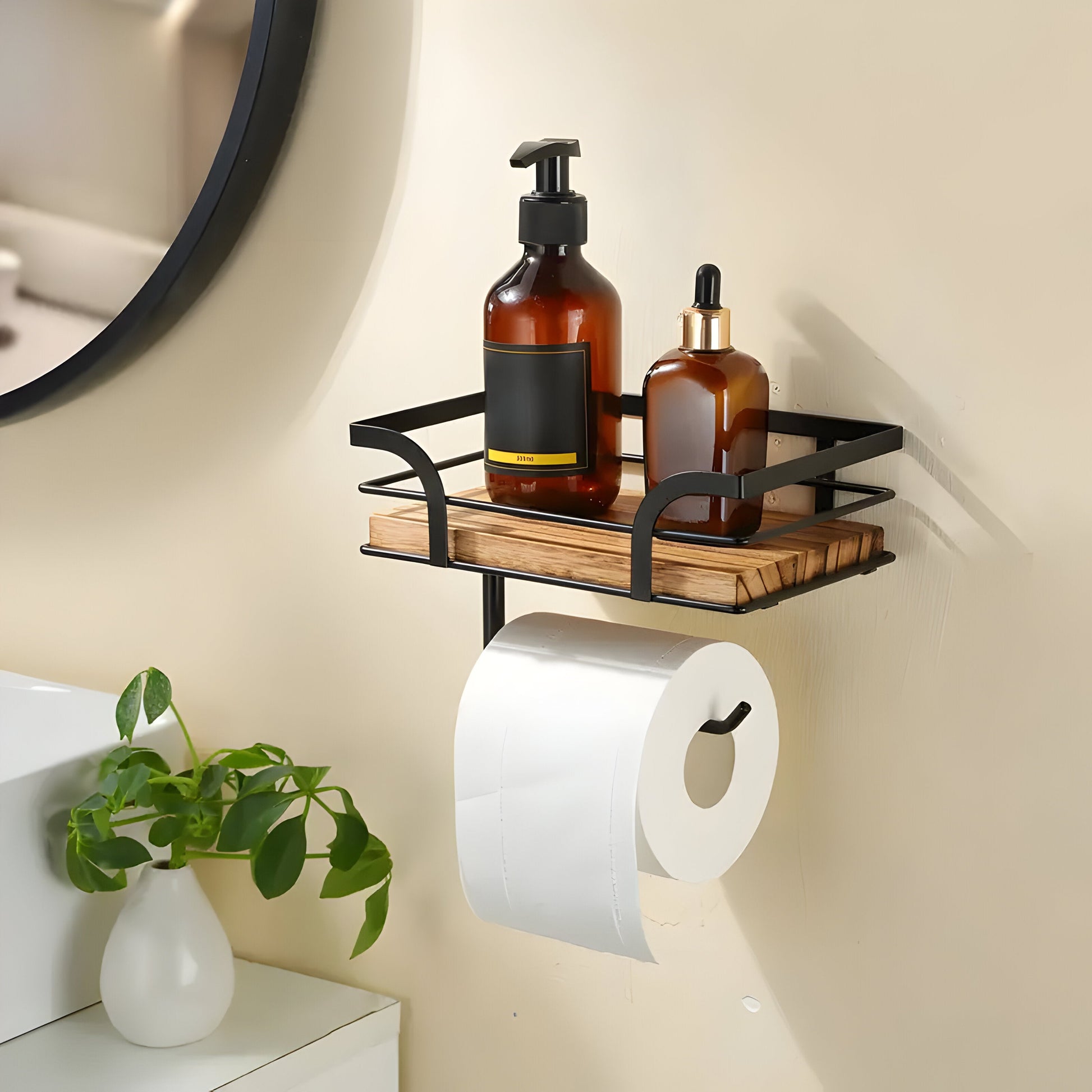 Holz-Wandregal mit Papierhalter | Badezimmer Organizer 2