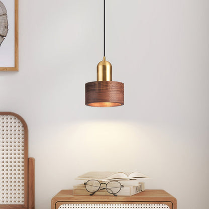 Zylindrische Pendelleuchte im Japanischen Stil | Elegante Hängelampe für Esszimmer und Wohnräume, LED E27, 5W, Messing, Ø 15cm-1
