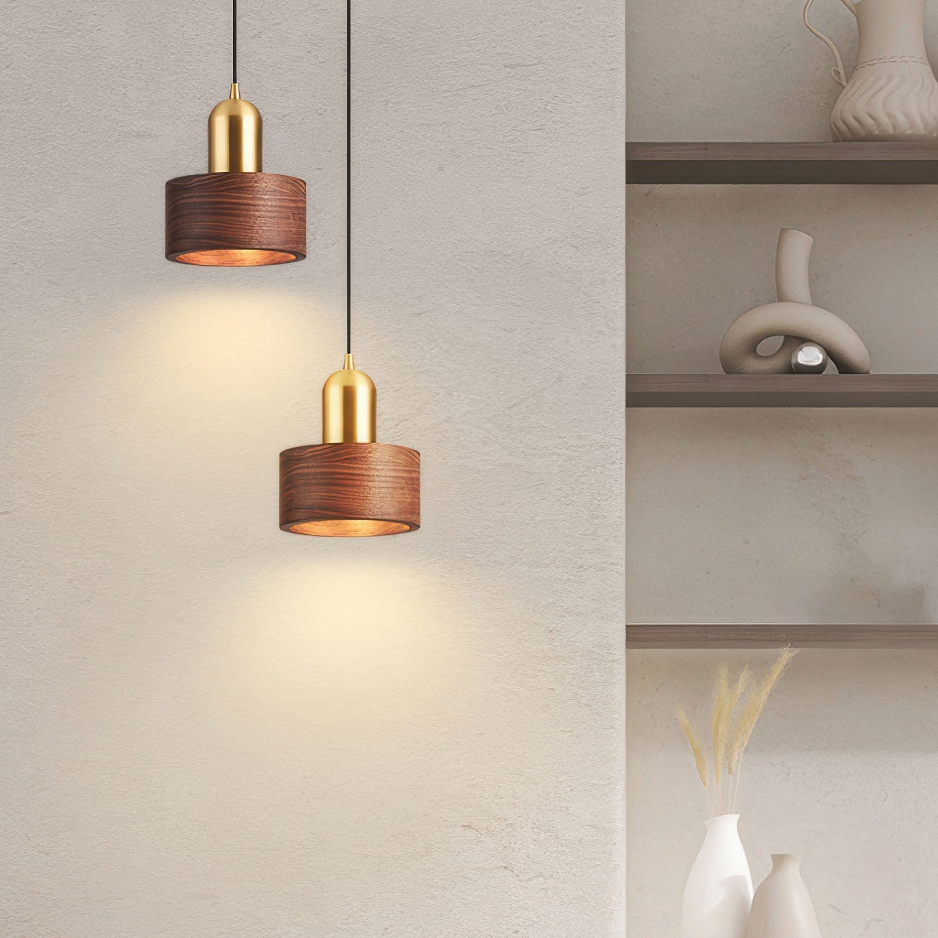 Zylindrische Pendelleuchte im Japanischen Stil | Elegante Hängelampe für Esszimmer und Wohnräume, LED E27, 5W, Messing, Ø 15cm-2