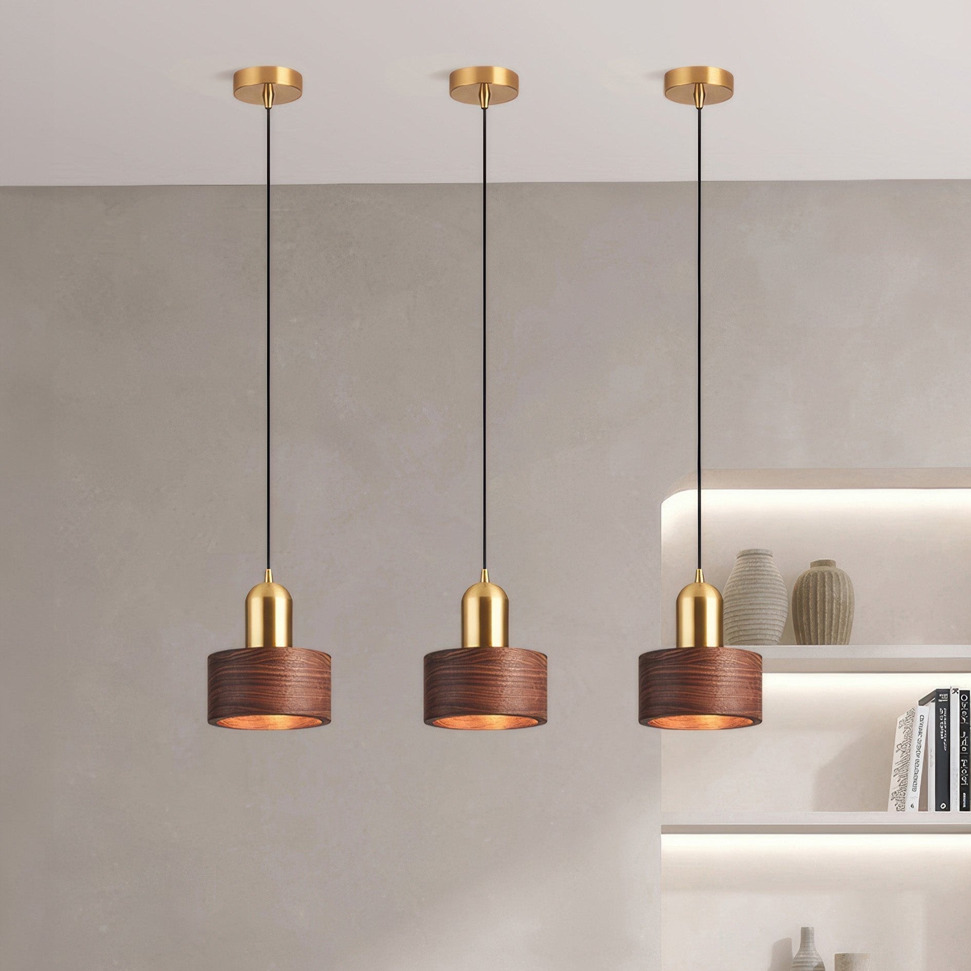 Zylindrische Pendelleuchte im Japanischen Stil | Elegante Hängelampe für Esszimmer und Wohnräume, LED E27, 5W, Messing, Ø 15cm-3
