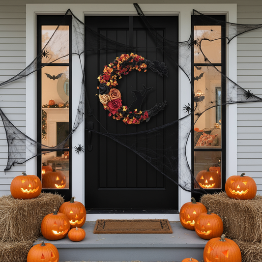 Gotische deurkrans met heksenkat | Halloween decoratie