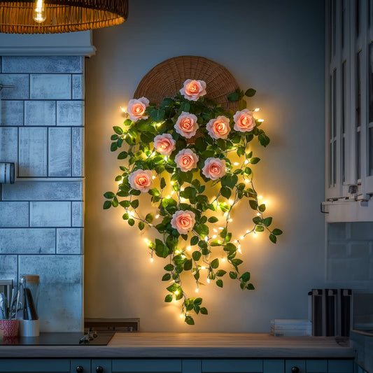 Roséfarbene Blütengirlande | LED Dekoration 0