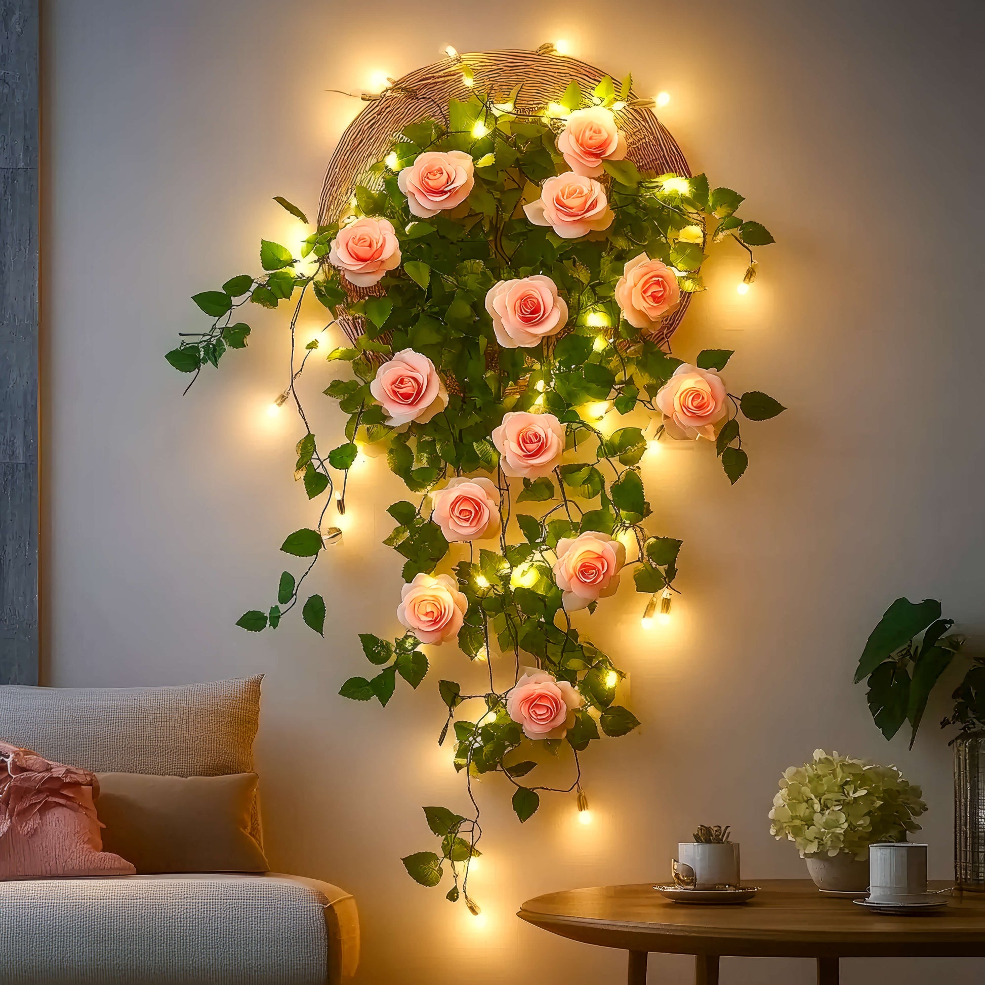 Roséfarbene Blütengirlande | LED Dekoration 2