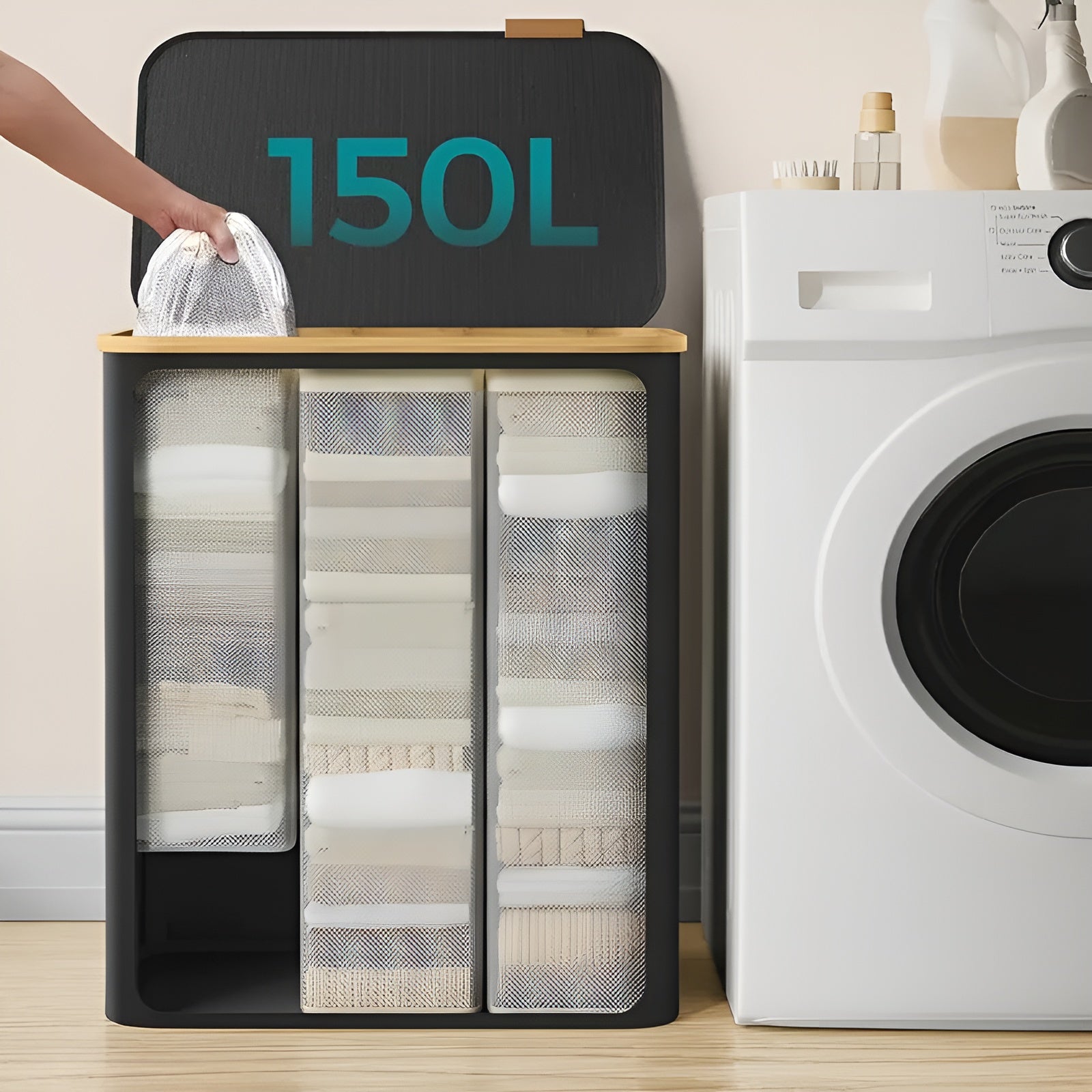 Wäschekorb 150L | Großer Wäschesammler mit 3 Fächern 4