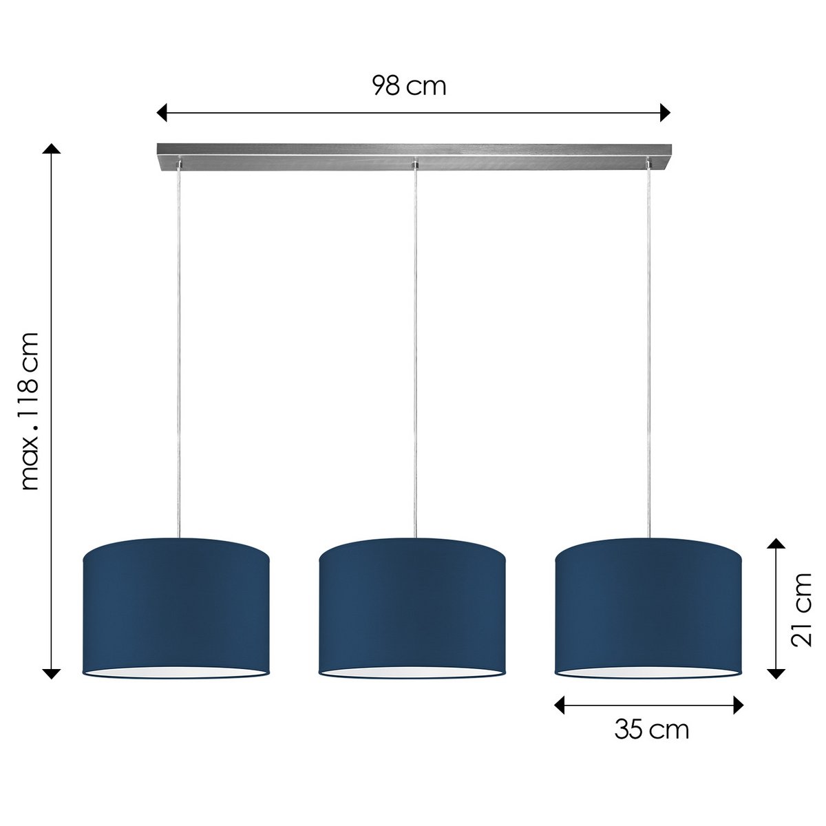 Hängelampe Beam 3L, dunkelblauer Lampenschirm, 35cm