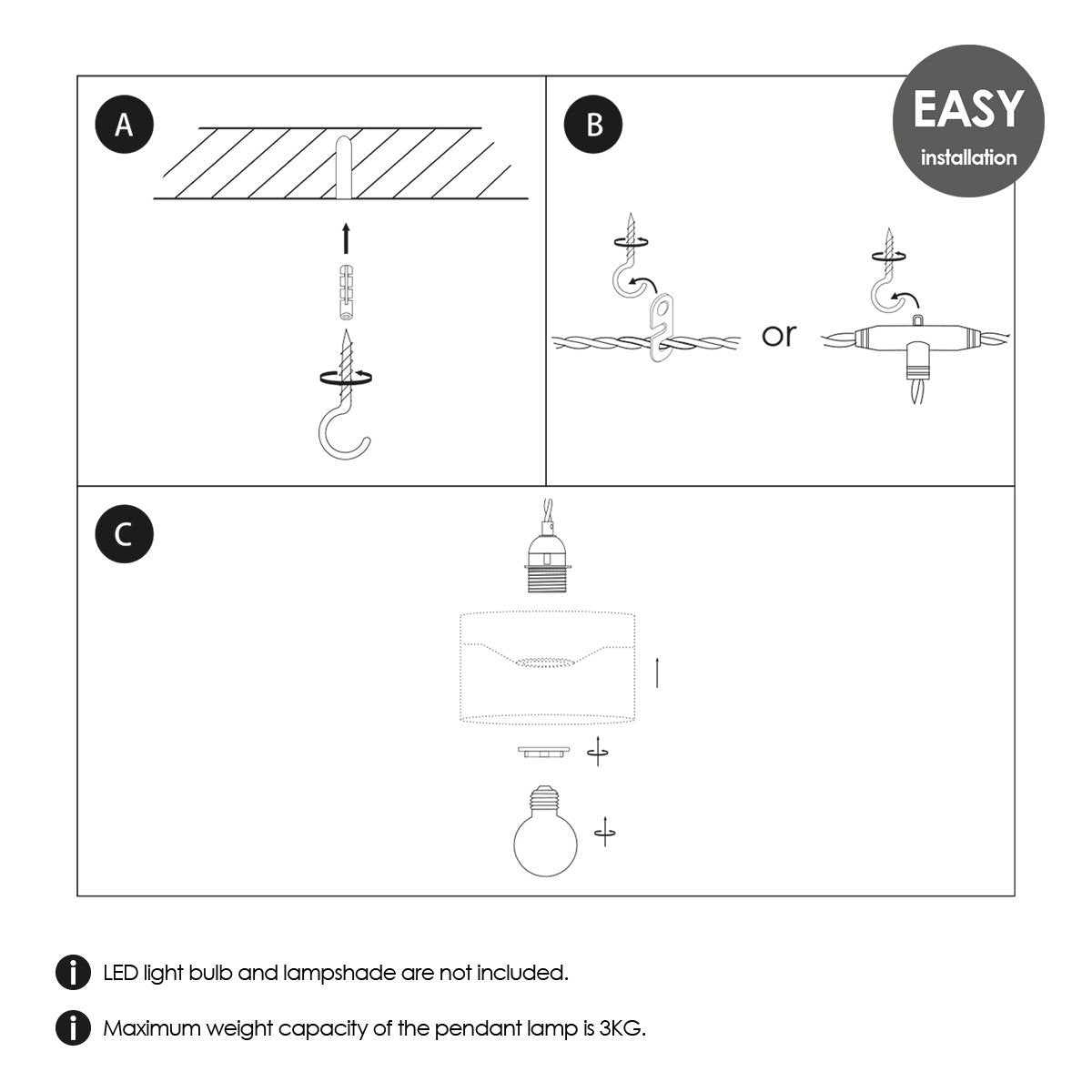 DIY-Hängelampe aus Bindfaden, L: 750 cm, H: 100 cm, 3 Stück E27-Lichtköpfe