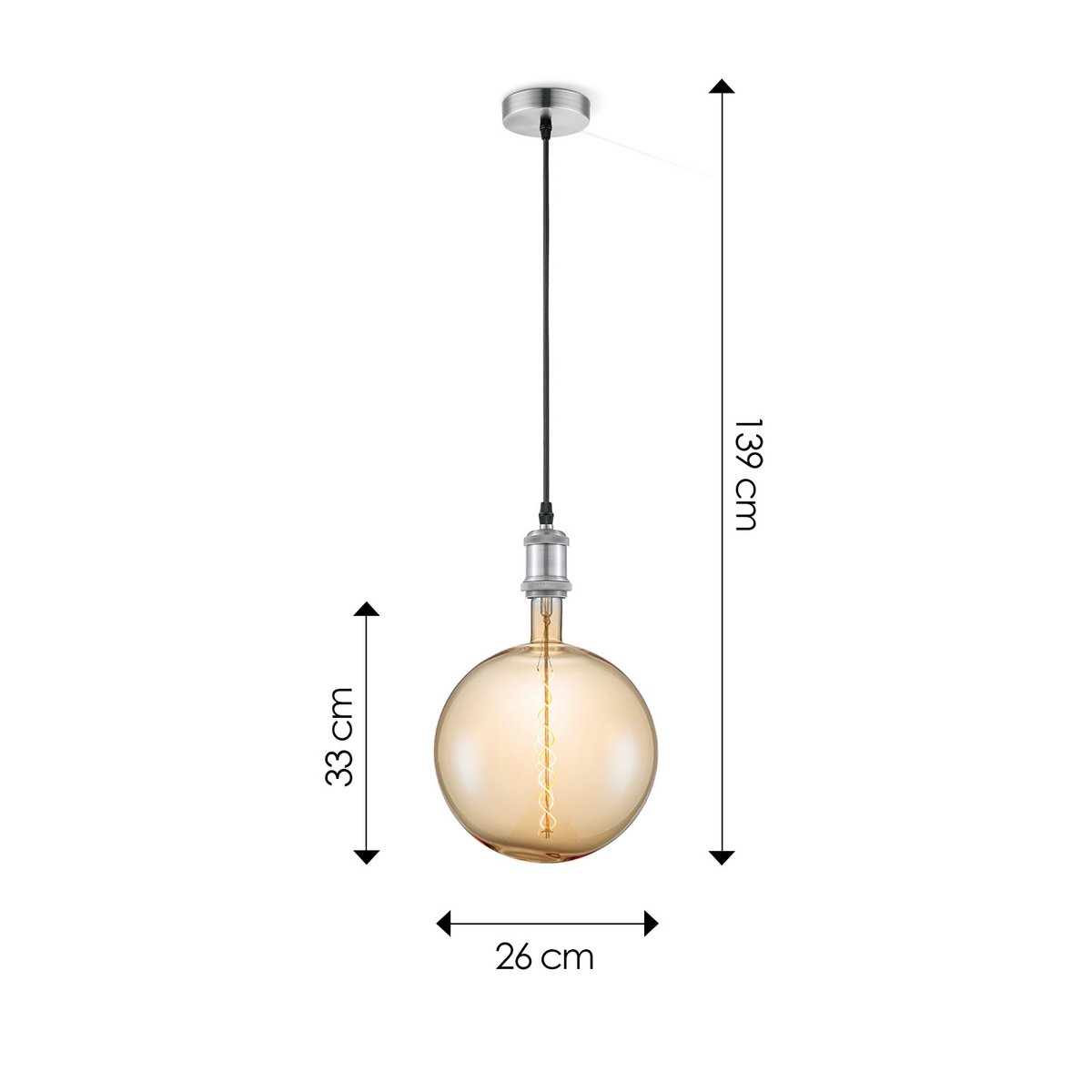 Hängelampe Chrom Vintage Globe - - dimmbar E27 bernsteinfarben