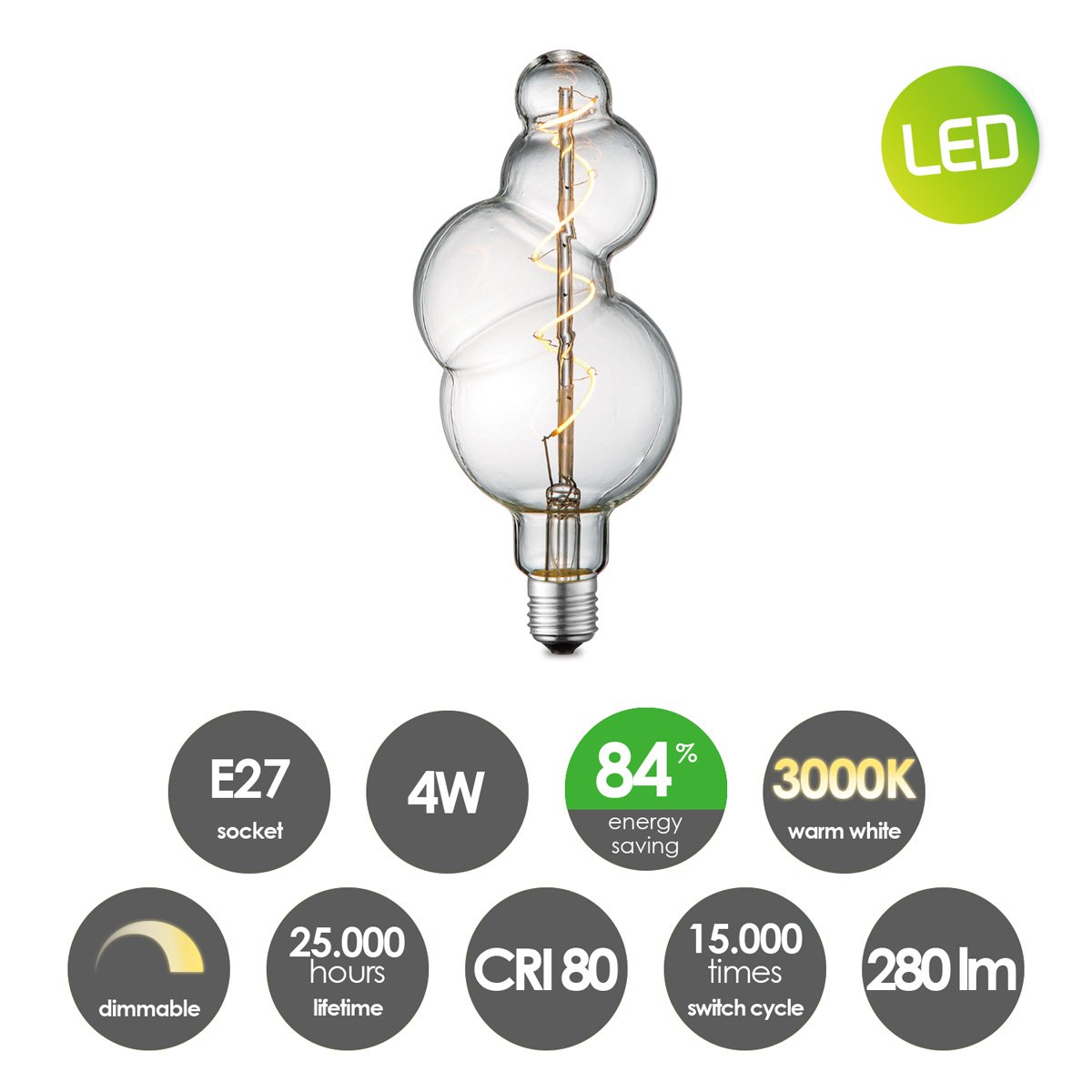 Dimmbare LED Bubble Spiral E27 4W 300Lm 3000K Klar