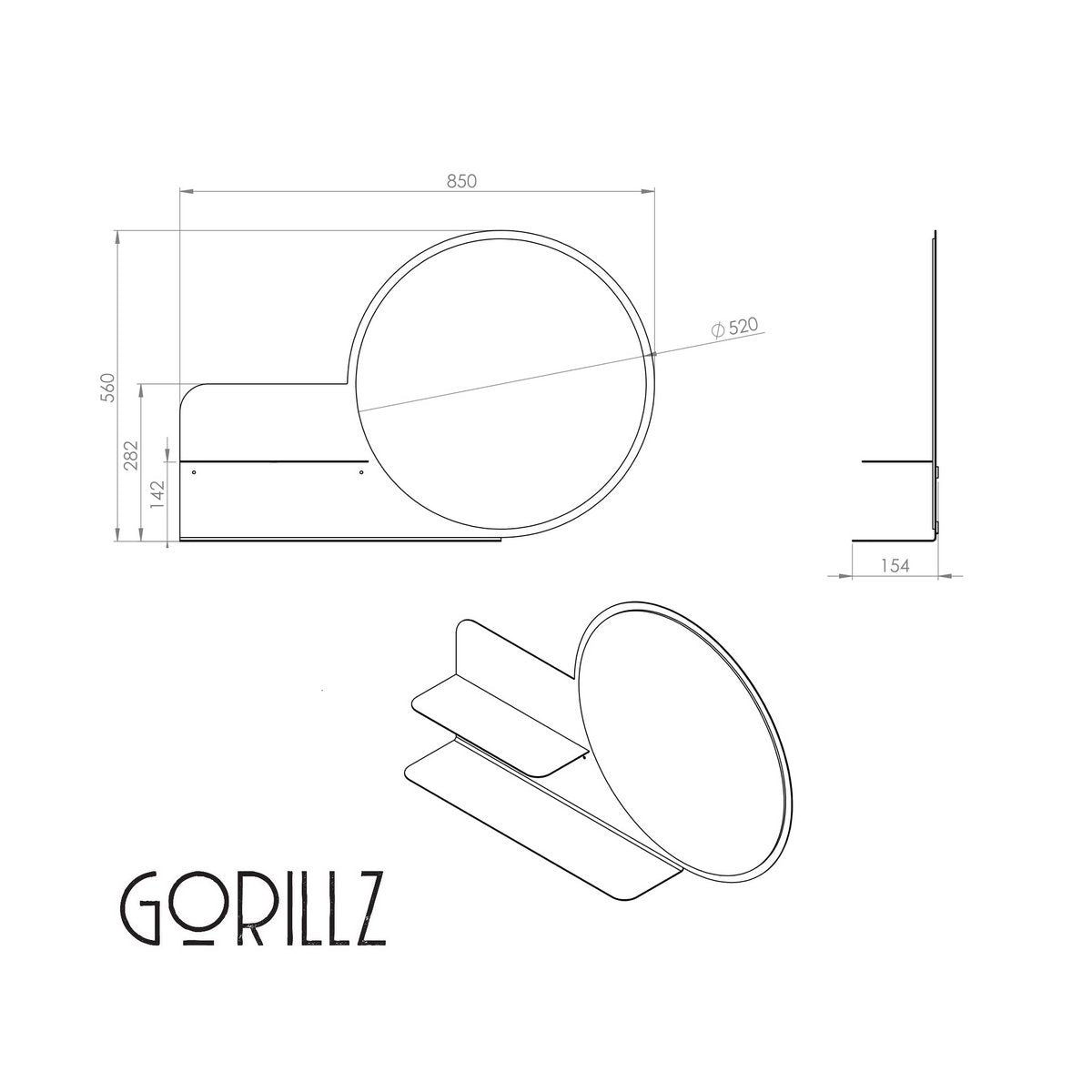 Gorillz Clever Wandspiegel – Runder Spiegel mit 2 Ablageflächen, Ø 52 cm, aus recyceltem Stahl, nachhaltig & modern
