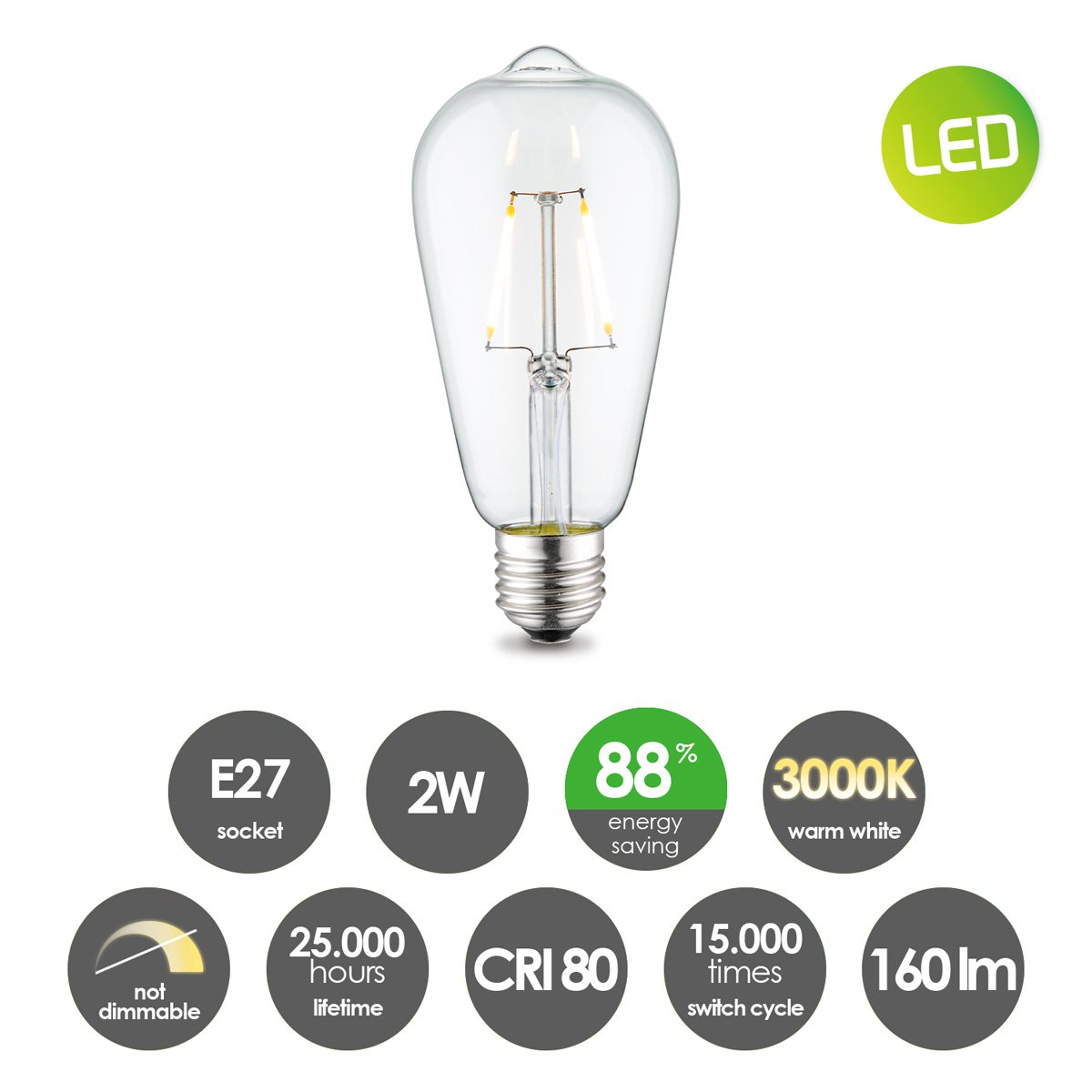 LED Drop Deco E27 ST64 2W 160Lm 3000K Klar